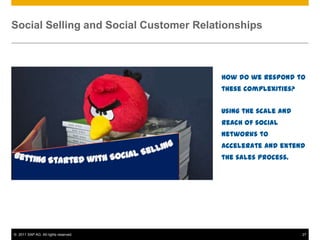 Social Selling and Social Customer Relationships



                                        How do we respond to
                                        these complexities?


                                        Using the scale and
                                        reach of social
                                        networks to
                                        accelerate and extend
                                        the sales process.




© 2011 SAP AG. All rights reserved.                           27
 