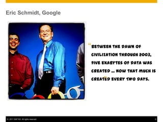 Eric Schmidt, Google




                                      “ Between the dawn of
                                       civilization through 2003,
                                       five exabytes of data was
                                       created ... Now that much is

                                            ”
                                       created every TWO days.




© 2011 SAP AG. All rights reserved.                                 9
 
