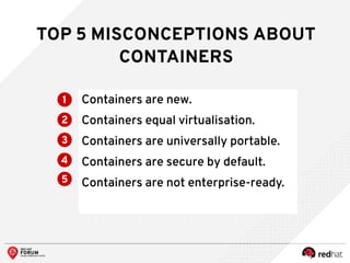 TOP 5 MISCONCEPTIONS ABOUT
CONTAINERS
Containers are new.
Containers equal virtualisation.
Containers are universally portable.
Containers are secure by default.
Containers are not enterprise-ready.
1
2
3
4
5
 