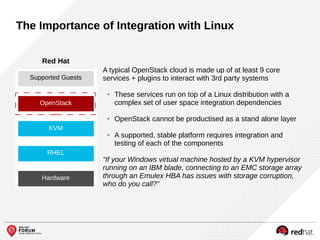 A typical OpenStack cloud is made up of at least 9 core
services + plugins to interact with 3rd party systems
● These services run on top of a Linux distribution with a
complex set of user space integration dependencies
● OpenStack cannot be productised as a stand alone layer
● A supported, stable platform requires integration and
testing of each of the components
“If your Windows virtual machine hosted by a KVM hypervisor
running on an IBM blade, connecting to an EMC storage array
through an Emulex HBA has issues with storage corruption,
who do you call?”
The Importance of Integration with Linux
Red Hat
Supported Guests
OpenStack
KVM
RHEL
Hardware
 