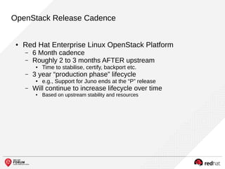 OpenStack Release Cadence
● Red Hat Enterprise Linux OpenStack Platform
– 6 Month cadence
– Roughly 2 to 3 months AFTER upstream
● Time to stabilise, certify, backport etc.
– 3 year “production phase” lifecycle
● e.g., Support for Juno ends at the “P” release
– Will continue to increase lifecycle over time
● Based on upstream stability and resources
 