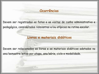 Ocorrências
Devem ser registrados os fatos e as visitas de cunho administrativo e
pedagógico, considerados relevantes e/ou atípicos na rotina escolar.

Livros e materiais didáticos
Devem ser relacionados os livros e os materiais didáticos adotados no
ano/semestre letivo por etapa, ano/série, ciclo e modalidade.

 