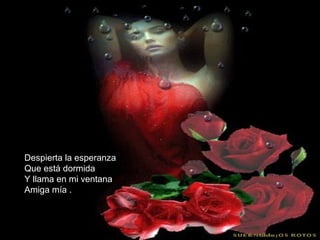 Despierta la esperanza 
Que está dormida 
Y llama en mi ventana 
Amiga mía . 
 