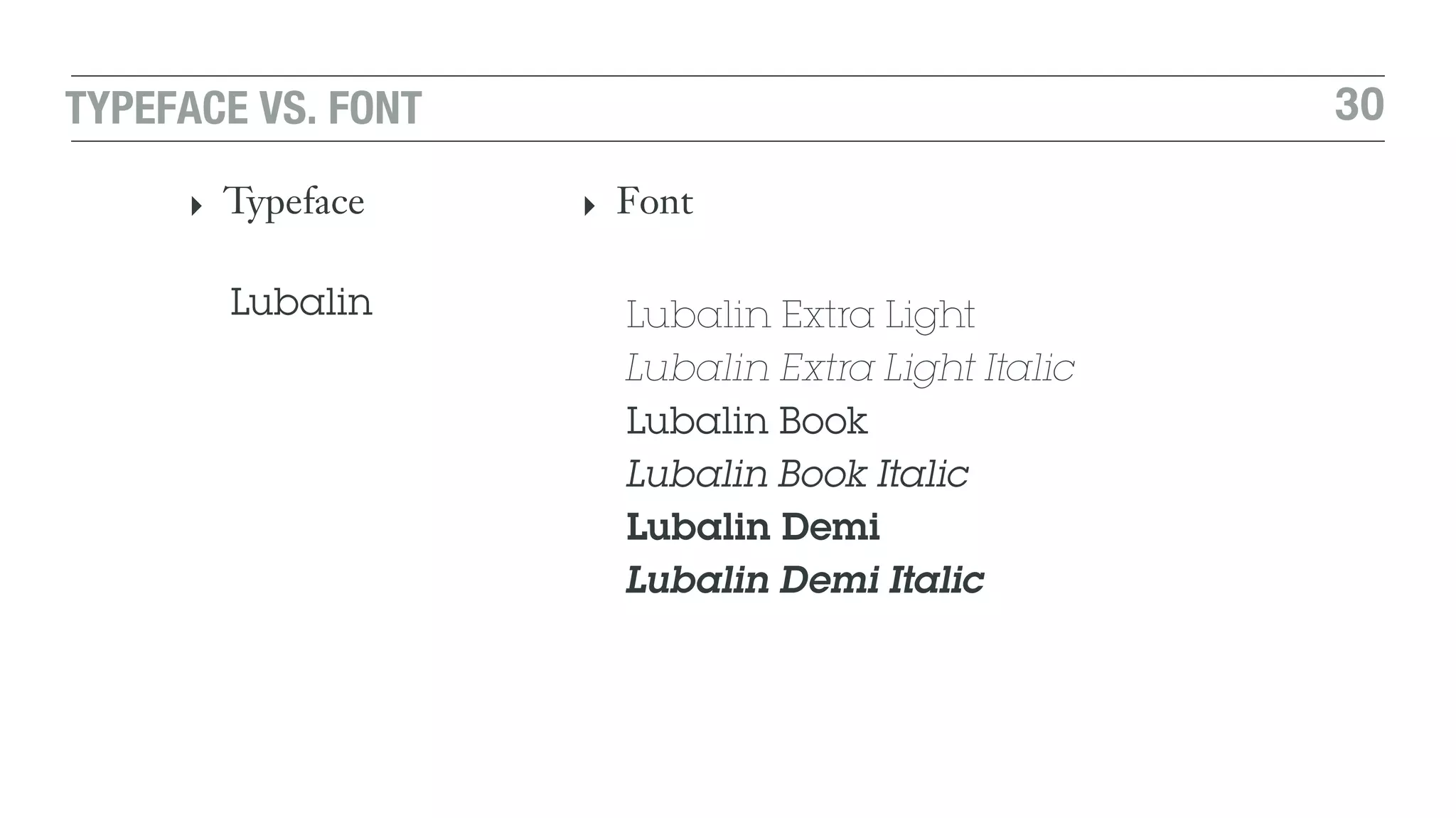 30TYPEFACE VS. FONT
‣ Typeface
Lubalin Lubalin Extra Light
Lubalin Extra Light Italic
Lubalin Book
Lubalin Book Italic
Lubalin Demi
Lubalin Demi Italic
‣ Font
 