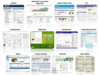 MICROSOFT AD CENTER
       URCHIN             ANALYTICS                    YAHOO! INDEX TOOL        XITI




       COREMETRICS          OMNITURE                            WEBORAMA    MÉDIAMETRIE ESTAT




             UNICA       VISUAL SCIENCES                  NEDSTAT          WEB TRENDS




                             Google Analytics - www.matthieu-
2010                                                                                     4
                                  tranvan.fr / www.ice.fr
 