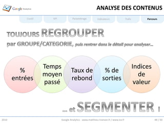 ANALYSE DES CONTENUS
           L’outil     KPI            Paramétrage           Indicateurs                Trafic        Parcours




                     Temps                                                                      Indices
         %                           Taux de                     % de
                     moyen                                                                         de
       entrées                       rebond                     sorties
                     passé                                                                       valeur




2010                         Google Analytics - www.matthieu-tranvan.fr / www.ice.fr                      48 / 50
 