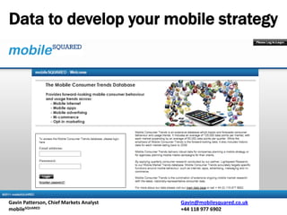 Data to develop your mobile strategy




Gavin Patterson, Chief Markets Analyst   Gavin@mobilesquared.co.uk
mobileSQUARED                            +44 118 977 6902
 