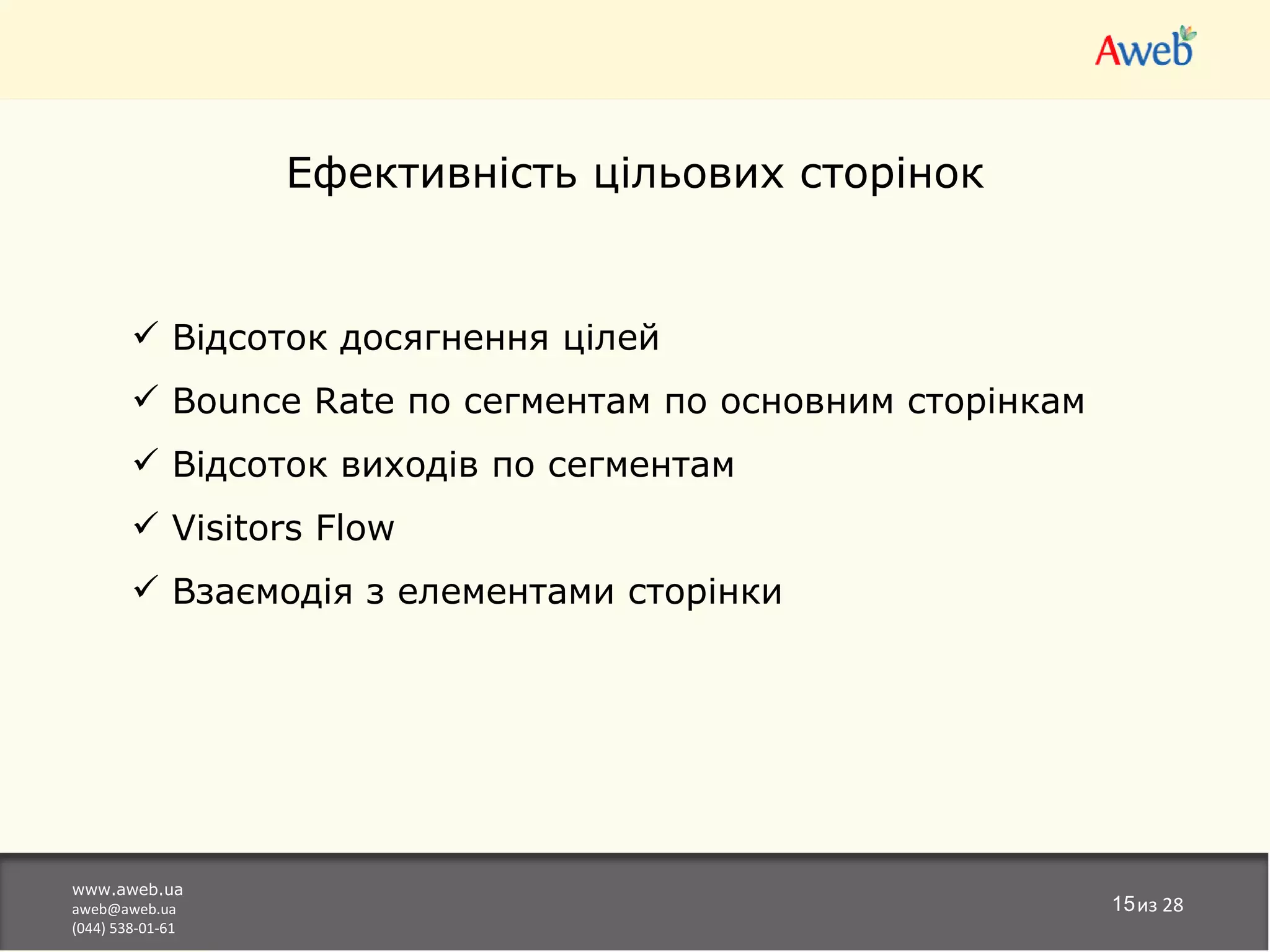 Ефективність цільових сторінок


         Відсоток досягнення цілей
         Bounce Rate по сегментам по основним сторінкам
         Відсоток виходів по сегментам
         Visitors Flow
         Взаємодія з елементами сторінки




www.aweb.ua
aweb@aweb.ua                                               15из 28
(044) 538-01-61
 