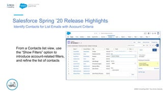 @NBS Consulting 2020. Tous droits réservés.
Salesforce Spring ’20 Release Highlights
Identify Contacts for List Emails with Account Criteria
From a Contacts list view, use
the “Show Filters” option to
introduce account-related filters,
and refine the list of contacts
 