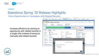 @NBS Consulting 2020. Tous droits réservés.
Salesforce Spring ’20 Release Highlights
Clone Opportunities or Campaigns with Related Records
Increase efficiency by cloning an
opportunity with related records in
a single click instead of having to
manually add related records.
 
