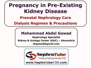Mohammed Abdel Gawad
Nephrology Specialist
Kidney & Urology Center (KUC) – Alexandria
drgawad@gmail.com
Pregnancy in Pre-Existing
Kidney Diseaseh
Prenatal Nephrology Care
h
Dialysis Regimen & Precautions
 