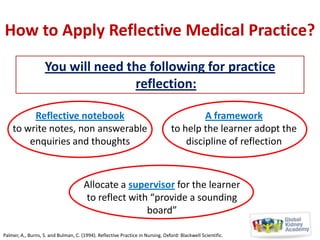 How to Apply Reflective Medical Practice?
You will need the following for practice
reflection:
Reflective notebook
to write notes, non answerable
enquiries and thoughts

A framework
to help the learner adopt the
discipline of reflection

Allocate a supervisor for the learner
to reflect with “provide a sounding
board”
Palmer, A., Burns, S. and Bulman, C. (1994). Reflective Practice in Nursing. Oxford: Blackwell Scientific.

 
