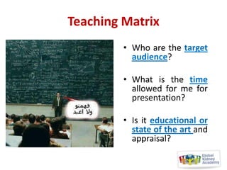 Teaching Matrix
• Who are the target
audience?
• What is the time
allowed for me for
presentation?
• Is it educational or
state of the art and
appraisal?

 