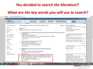 You decided to search the literature?
What are the key words you will use to search?
resistant

resistant

anemia

anemia

female hemodilaysis

female hemodilaysis

 