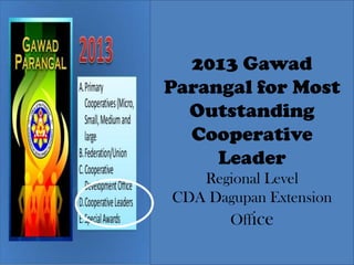 2013 Gawad
Parangal for Most
Outstanding
Cooperative
Leader
Regional Level
CDA Dagupan Extension
Office
 