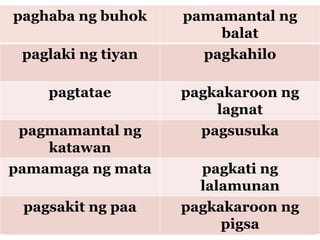paghaba ng buhok pamamantal ng
balat
paglaki ng tiyan pagkahilo
pagtatae pagkakaroon ng
lagnat
pagmamantal ng
katawan
pagsusuka
pamamaga ng mata pagkati ng
lalamunan
pagsakit ng paa pagkakaroon ng
pigsa
 