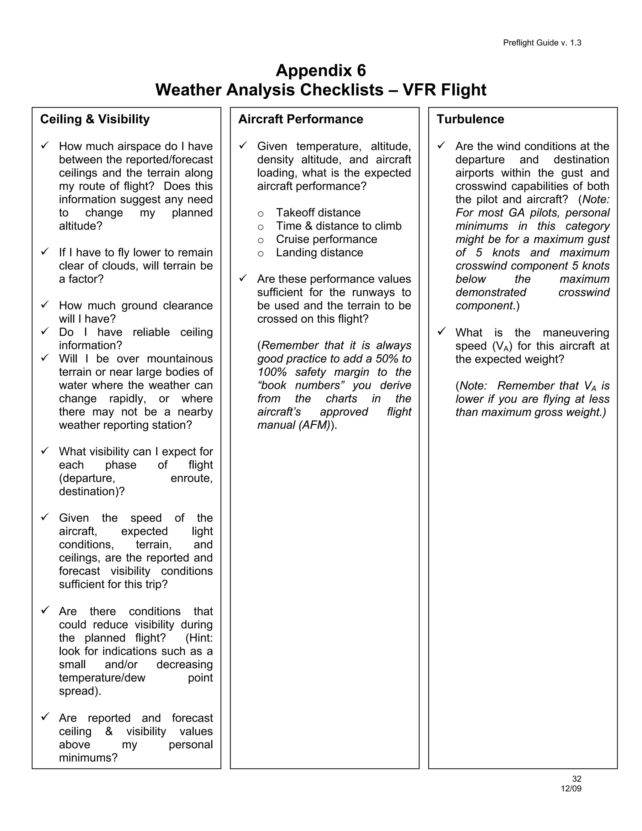 Preflight Guide v. 1.3

Appendix 6
Weather Analysis Checklists – VFR Flight
Ceiling & Visibility
How much airspace do I have
between the reported/forecast
ceilings and the terrain along
my route of flight? Does this
information suggest any need
to change my planned
altitude?
If I have to fly lower to remain
clear of clouds, will terrain be
a factor?
How much ground clearance
will I have?
Do I have reliable ceiling
information?
Will I be over mountainous
terrain or near large bodies of
water where the weather can
change rapidly, or where
there may not be a nearby
weather reporting station?

Aircraft Performance
Given temperature, altitude,
density altitude, and aircraft
loading, what is the expected
aircraft performance?
o
o
o
o

Takeoff distance
Time & distance to climb
Cruise performance
Landing distance

Are these performance values
sufficient for the runways to
be used and the terrain to be
crossed on this flight?
(Remember that it is always
good practice to add a 50% to
100% safety margin to the
“book numbers” you derive
from the charts in the
aircraft’s
approved
flight
manual (AFM)).

Turbulence
Are the wind conditions at the
departure and destination
airports within the gust and
crosswind capabilities of both
the pilot and aircraft? (Note:
For most GA pilots, personal
minimums in this category
might be for a maximum gust
of 5 knots and maximum
crosswind component 5 knots
below
the
maximum
demonstrated
crosswind
component.)
What is the maneuvering
speed (VA) for this aircraft at
the expected weight?
(Note: Remember that VA is
lower if you are flying at less
than maximum gross weight.)

What visibility can I expect for
each
phase
of
flight
(departure,
enroute,
destination)?
Given the speed of the
aircraft,
expected
light
conditions,
terrain,
and
ceilings, are the reported and
forecast visibility conditions
sufficient for this trip?
Are there conditions that
could reduce visibility during
the planned flight?
(Hint:
look for indications such as a
small
and/or
decreasing
temperature/dew
point
spread).
Are reported and forecast
ceiling & visibility values
above
my
personal
minimums?
32
12/09

 