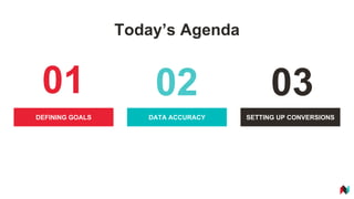 DATA ACCURACYDEFINING GOALS SETTING UP CONVERSIONS
Today’s Agenda
01 02 03
 