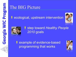 The BIG Picture
ecological, upstream intervention
step toward Healthy People
2010 goals
example of evidence-based
programming that works
 