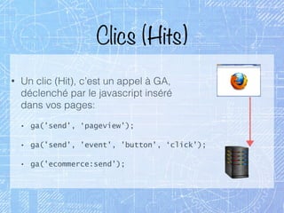 Clics (Hits)
• Un clic (Hit), c’est un appel à GA, 
déclenché par le javascript inséré 
dans vos pages:
• ga('send', ‘pageview');
• ga('send', 'event', 'button', ‘click');
• ga('ecommerce:send');
 
