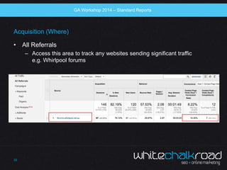 SEO Workshop 2014 
Acquisition (Where) 
• All Referrals 
– Access this area to track any websites sending significant traf...