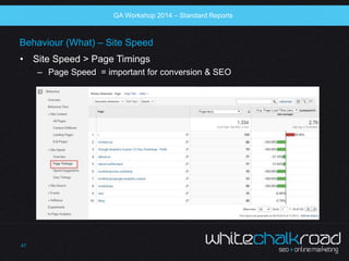 SEO Workshop 2014 
Behaviour (What) – Site Speed 
• Site Speed > Page Timings 
– Page Speed = important for conversion & S...