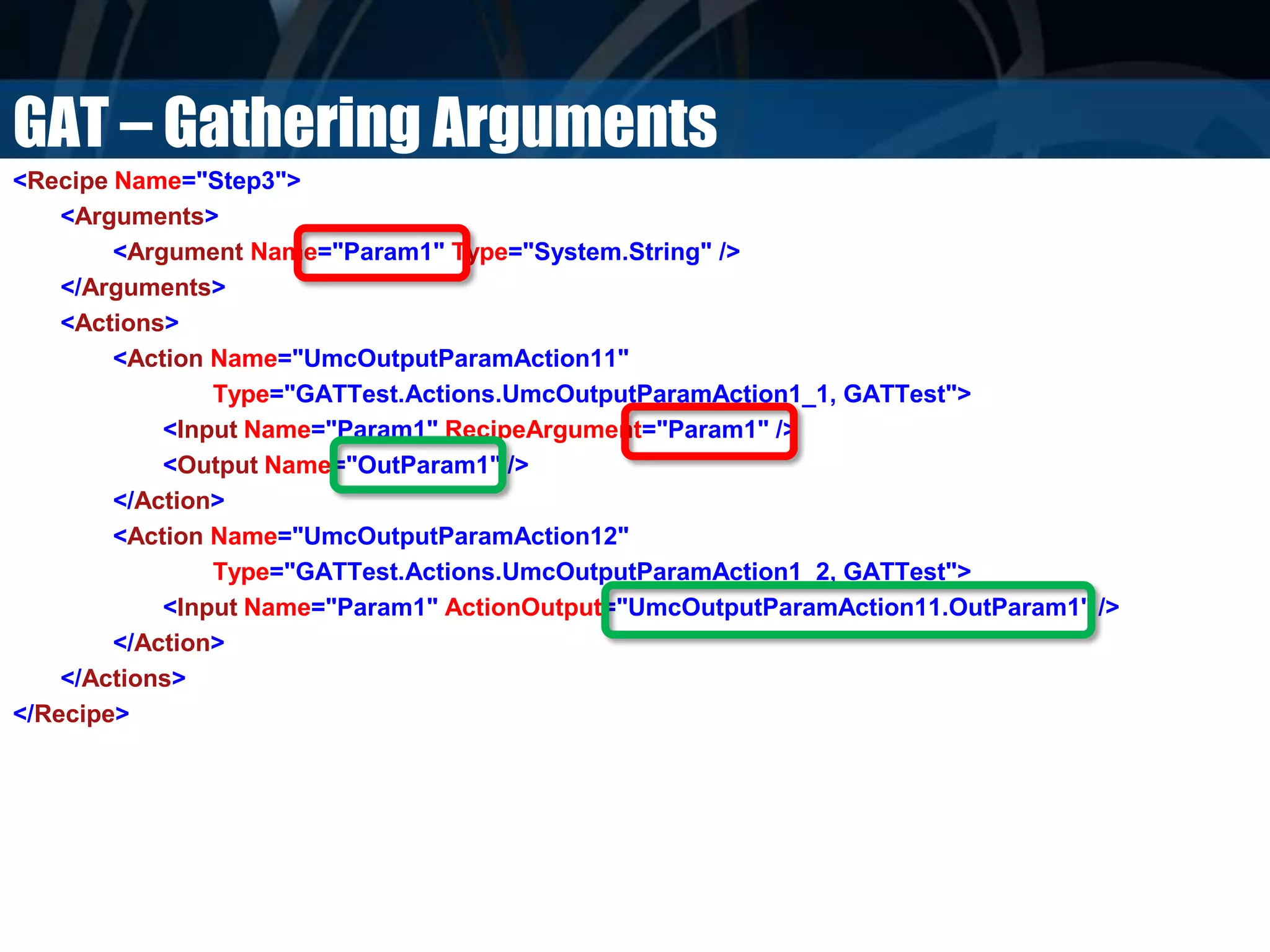 GAT – Gathering Arguments
<Recipe Name="Step3">
<Arguments>
<Argument Name="Param1" Type="System.String" />
</Arguments>
<Actions>
<Action Name="UmcOutputParamAction11"
Type="GATTest.Actions.UmcOutputParamAction1_1, GATTest">
<Input Name="Param1" RecipeArgument="Param1" />
<Output Name="OutParam1" />
</Action>
<Action Name="UmcOutputParamAction12"
Type="GATTest.Actions.UmcOutputParamAction1_2, GATTest">
<Input Name="Param1" ActionOutput="UmcOutputParamAction11.OutParam1" />
</Action>
</Actions>
</Recipe>
 
