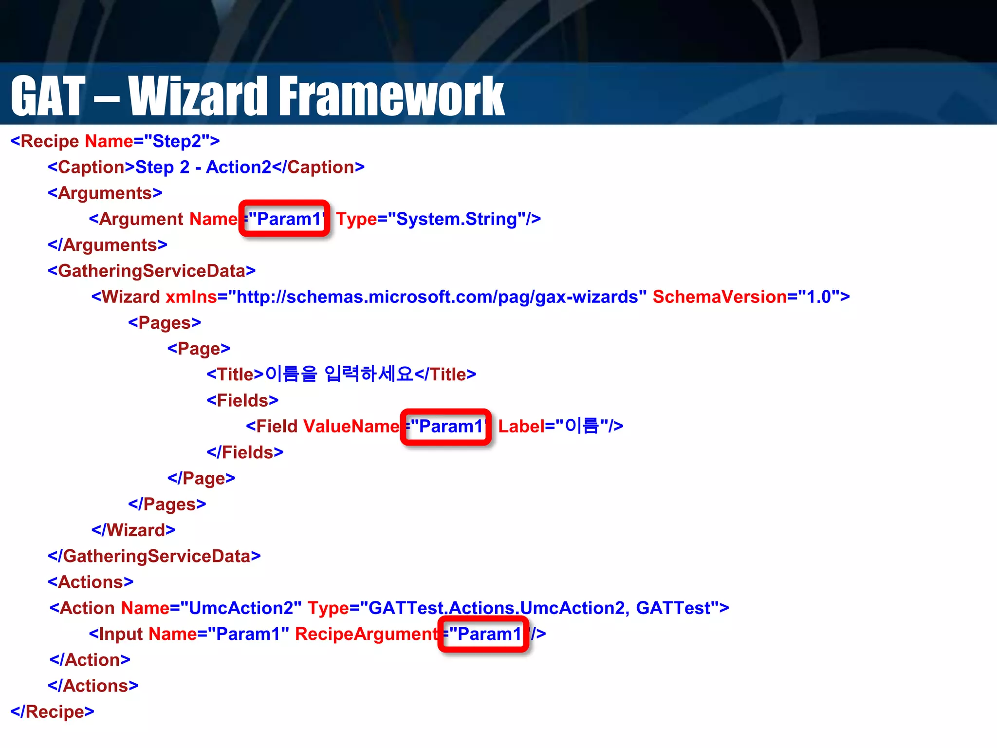 GAT – Wizard Framework
<Recipe Name="Step2">
<Caption>Step 2 - Action2</Caption>
<Arguments>
<Argument Name="Param1" Type="System.String"/>
</Arguments>
<GatheringServiceData>
<Wizard xmlns="http://schemas.microsoft.com/pag/gax-wizards" SchemaVersion="1.0">
<Pages>
<Page>
<Title>이름을 입력하세요</Title>
<Fields>
<Field ValueName="Param1" Label="이름"/>
</Fields>
</Page>
</Pages>
</Wizard>
</GatheringServiceData>
<Actions>
<Action Name="UmcAction2" Type="GATTest.Actions.UmcAction2, GATTest">
<Input Name="Param1" RecipeArgument="Param1"/>
</Action>
</Actions>
</Recipe>
 