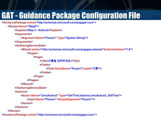 GAT - Guidance Package Configuration File
<GuidancePackage xmlns="http://schemas.microsoft.com/pag/gax-core”>
<Recipe Name="Step2">
<Caption>Step 2 - Action2</Caption>
<Arguments>
<Argument Name="Param1" Type="System.String"/>
</Arguments>
<GatheringServiceData>
<Wizard xmlns="http://schemas.microsoft.com/pag/gax-wizards"SchemaVersion="1.0">
<Pages>
<Page>
<Title>이름을 입력하세요</Title>
<Fields>
<Field ValueName="Param1"Label="이름"/>
</Fields>
</Page>
</Pages>
</Wizard>
</GatheringServiceData>
<Actions>
<Action Name="UmcAction2" Type="GATTest.Actions.UmcAction2, GATTest">
<Input Name="Param1" RecipeArgument="Param1"/>
</Action>
</Actions>
</Recipe>
</GuidancePackage xmlns="http://schemas.microsoft.com/pag/gax-core”>
 