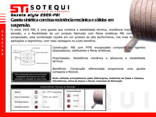 O estilo 2925 PBI, é uma gaxeta que combina a estabilidade térmica, resistência mecânica, a abrasão, e a flexibilidade de um produto fabricado com fibras sintéticas PBI com PTFE encapsulado; esta combinação resulta em um produto de alta performance, nas mais diversas aplicações e segmentos; com reais vantagens no custo benefício.  Gaxeta style 2925-PBI Gaxeta sintética com boa resistência mecânica e sólidos em suspensão. Construção: PBI com PTFE encapsulado composta por agentes bloqueadores, lubificantes e fibras sintéticas. Propriedades: Resistência mecânica a abrasivos e estabilidade térmica.  Benefícios: Construção diferenciada proporciona uma gaxeta compacta e flexível. Muito utilizada principalmente pelas Siderúrgicas, Indústrias de Papel e Celulose, Hidrelétricas, Usina de Açúcar e Álcool, empresas de Mineração. 