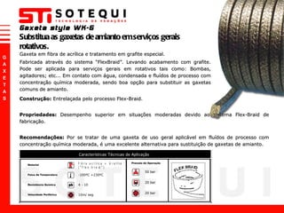 Gaxeta em fibra de acrílica e tratamento em grafite especial. Fabricada através do sistema  “ FlexBraid ” . Levando acabamento com grafite. Pode ser aplicada para serviços gerais em rotativos tais como: Bombas, agitadores; etc... Em contato com água, condensada e fluídos de processo com concentração química moderada, sendo boa opção para substituir as gaxetas comuns de amianto. Gaxeta style WK-G Substitua as gaxetas de amianto em serviços gerais rotativos. Construção:  Entrelaçada pelo processo Flex-Braid. Propriedades:  Desempenho superior em situações moderadas devido ao sistema Flex-Braid de fabricação.  Recomendações:  Por se tratar de uma gaxeta de uso geral aplicável em fluídos de processo com concentração química moderada, é uma excelente alternativa para sustituição de gaxetas de amianto. 