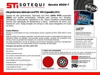 Gaxeta de alta performance, fabricada com fibra  100%   PTFE  expandido  (GFO)  com grafite encapsulado. Indicada para serviços em; bombas, refinadores, misturadores, agitadores e etc. Possui excelente condutividade térmica boa dissipação de temperatura e baixo  coeficiente de atrito, que resulta em uma  longa duração em serviço e não causa desgastes em luvas ou eixos. Custo Efetivo Devido as combinações de suas características únicas a gaxeta de fibra 100% GFO é muito versátil. Pode-se utilizar em qualquer aplicação, evitando desta maneira a necessidade de estoque de diferentes estilos de gaxetas. Sua provada longa duração, incluída nas condições mais críticas, reduz as paradas de produção e os custos de manutenção drásticas. De modo comparativo, os fios de gaxetas convencionais necessitam adicionar impregnantes e lubrificantes como um recobrimento durante o processo de fabricação. Gaxeta 8000-T   Características de aplicação: Temperatura: -240C.+288C. Velocidade Periférica: 25m/seg. Resistência Química: ph 0-14 Pressão: B= 25 bar /V=250 Vantagens das gaxetas com Fibra 100% GFO   Resistência química universal  Não abrasiva Grafite encapsulado aos fios Sua excelente condutividade térmica, permite alta velocidade  Não enrijece, não cristaliza  Mínimo desgaste do eixo ou da luva do eixo  Isenta de amianto  Facilidade de extração em caso de emergência Longa duração em serviço Simples para cortar e fácil instalação A FIBRA GFO HOMOGENÊA  A Gaxeta de fibra GFO foi desenvolvida com os fios nos quais a transferência de calor e os componentes lubrificantes formam uma parte integral dos mesmos. Alta performance fabricada com PTFE 100% Expandido GFO® 