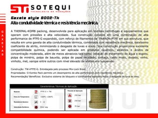 Gaxeta style 8002-Tk Alta condutividade térmica e resistência mecânica. Construção: TW+PTFE-G. Entrelaçada pelo processo Mix-Lock Braid. Propriedades: O Kombo Pack permite um desempenho de alta performance com resistência mecânica. Recomendação/ Benefícios: Exclusivo sistema de bloqueio e lubrificantes especiais reduz o desgaste de luva do eixo. A THERMAL-KOMB packing, desenvolvida para aplicação em bombas centrifugas e equipamentos que operam com pressões e alta velocidade. Sua construção consiste em uma combinação de alta performance de PTFE-G expandido, com reforço de filamentos de TWARON-PTFE em sua estrutura, que resulta em uma gaxeta de alta condutividade térmica, combinada com resistência mecânica, baixíssimo coeficiente de atrito, minimizando o desgaste de luvas e eixos. Sua construção proporciona excelente compatibilidade química, podendo ser aplicada em produtos causticos, alcalinos e ácidos de concentração moderada, além de meios abrasivos tais como: estação de tratamento de água e esgoto, polpa de minério, polpa de bauxita, polpa de papel reciclado, vinhaça, caldo misto, dosado, vinho, vinhoto, mel, xarope entre outros com nível elevado de sólidos em suspensão.  