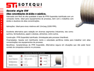 Fabricada com fibra de alta qualidade à base de PTFE Expandido lubrificada com um composto inerte. Ideal para equipamentos de processo, bem com o trabalhos com ácidos e cáusticos de altas concentrações.  Aplicações: Ideal para eixos rotativos até 12m/seg (2200 FPM).  Excelente alternativa para vedação em diversos segmentos Industriais, tais como: químico, farmacêuticos, papel e celulose, alimentos; entre outros. Gaxeta style GW Altas concentrações de ácidos e caústicos . Construção: PTFE Expandido lubrificado. Entrelaçada pelo processo InterBraid. Propriedades: Gaxeta com lubrificante inerte e velocidade periférica média para trabalhar com altas concentrações nos equipamentos de processo. Benefícios: Características do PTFE Expandido. Alternativa segura em situações que não pode haver contato de compostos externo no processo.  