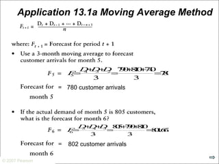 © 2007 Pearson Education
© 2007 Pearson
Application 13.1a Moving Average Method
F5=
D4+D3+D2
3
=
790+810+740
3
=780
780 customer arrivals
F6=
D5+D4+D3
3
=
805+790+810
3
=801.667
802 customer arrivals
 
