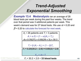 © 2007 Pearson Education
A0 = 28 patients and Tt = 3 patients
At = α Dt + (1 – α)(At-1 + Tt-1)
A1= 0.20(27) + 0.80(28 + 3) = 30.2
Tt = β (At – At-1) + (1 – β)Tt-1
T1 = 0.20(30.2 – 2.8) + 0.80(3) = 2.8
Ft+1 = At + Tt
F2 = 30.2 + 2.8 = 33 blood tests
Trend-Adjusted
Exponential Smoothing
Example 13.4 Medanalysis ran an average of 28
blood tests per week during the past four weeks. The trend
over that period was 3 additional patients per week. This
week’s demand was for 27 blood tests. We use α = 0.20 and
β = 0.20 to calculate the forecast for next week.
 