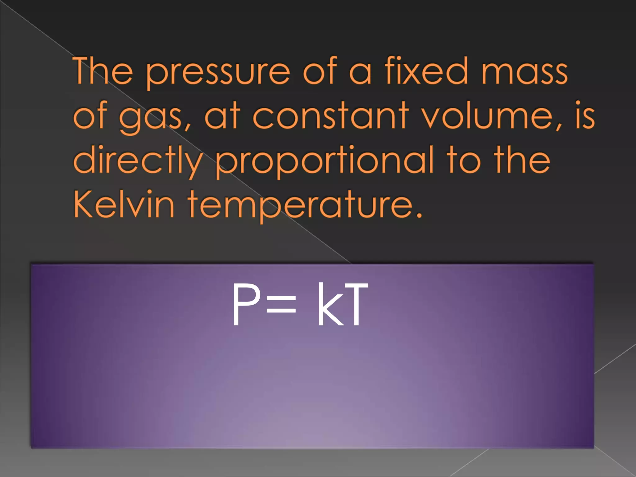 The pressure of a fixed mass of gas, at constant volume, is directly proportional to the Kelvin temperature.P= kT