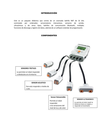 INTRODUCCIÓN
Este es un paquete didáctico que consta de un avanzado ladrillo NXT de 32 bits
controlado por ordenador, servomotores interactivos, sensores de sonido,
ultrasónicos y de otros tipos, ladrillos de comunicación Bluetooth, múltiples
funciones de descarga y registro de datos, además de un software estándar de programación.
COMPONENTES
SENSORES TÁCTILES
Le permiten al robot responder
a obstáculos en el entorno
SENSOR ACUSTICO
Con esto responde a niveles de
ruido
Sensor fotosensible
Permite al robot
responder
a las variaciones del
nivel de luz y de color
SENSOR ULTRASONICO
Le permite al robot medir la
distancia hacia un objeto y
responder al movimiento
 