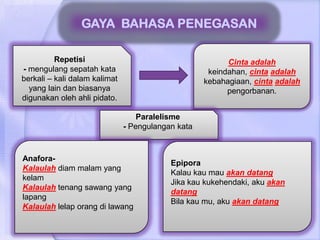 GAYA BAHASA PENEGASAN

          Repetisi                                        Cinta adalah
- mengulang sepatah kata                             keindahan, cinta adalah
berkali – kali dalam kalimat                        kebahagiaan, cinta adalah
  yang lain dan biasanya                                  pengorbanan.
digunakan oleh ahli pidato.

                                   Paralelisme
                               - Pengulangan kata



Anafora-
                                           Epipora
Kalaulah diam malam yang
                                           Kalau kau mau akan datang
kelam
                                           Jika kau kukehendaki, aku akan
Kalaulah tenang sawang yang
                                           datang
lapang
                                           Bila kau mu, aku akan datang
Kalaulah lelap orang di lawang
 