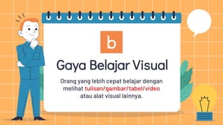 Gaya Belajar Visual
Orang yang lebih cepat belajar dengan
melihat tulisan/gambar/tabel/video
atau alat visual lainnya.
b
 