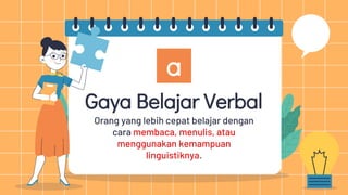 Gaya Belajar Verbal
Orang yang lebih cepat belajar dengan
cara membaca, menulis, atau
menggunakan kemampuan
linguistiknya.
a
 