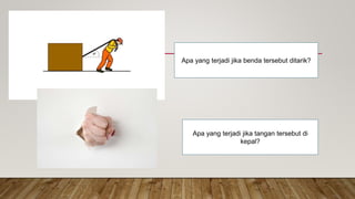 Apa yang terjadi jika benda tersebut ditarik?
Apa yang terjadi jika tangan tersebut di
kepal?
 