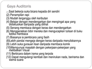 Gaya Auditoris
(1) Saatbekerja suka bicara kepada diri sendiri
(2) Penampilan rapi
(3) Mudah terganggu oleh keributan
(4) Belajar dengan mendengarkan dan mengingat apa yang
  didiskusikan daripada yang dilihat
(5) Senang membaca dengan keras dan mendengarkan
(6) Menggerakkan bibir mereka dan mengucapkan tulisan di buku
  ketika membaca
(7) Biasanya ia pembicara yang fasih
(8)Lebih pandai mengeja dengan keras daripada menuliskannya
(9) Lebih suka gurauan lisan daripada membaca komik
(10)Mempunyai masalah dengan pekerjaan-pekerjaan yang
  melibatkan Visual
(11) Berbicara dalam irama yang terpola
(12) Dapat mengulangi kembali dan menirukan nada, berirama dan
  warna suara
 