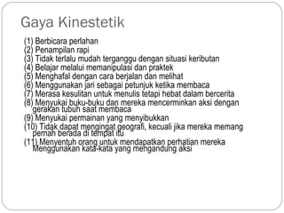 Gaya Kinestetik
(1) Berbicara perlahan
(2) Penampilan rapi
(3) Tidak terlalu mudah terganggu dengan situasi keributan
(4) Belajar melalui memanipulasi dan praktek
(5) Menghafal dengan cara berjalan dan melihat
(6) Menggunakan jari sebagai petunjuk ketika membaca
(7) Merasa kesulitan untuk menulis tetapi hebat dalam bercerita
(8) Menyukai buku-buku dan mereka mencerminkan aksi dengan
   gerakan tubuh saat membaca
(9) Menyukai permainan yang menyibukkan
(10) Tidak dapat mengingat geografi, kecuali jika mereka memang
   pernah berada di tempat itu
(11) Menyentuh orang untuk mendapatkan perhatian mereka
   Menggunakan kata-kata yang mengandung aksi
 