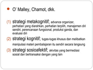  O’ Malley, Chamot, dkk.


(1) strategi metakognitif; advance organizer,
    perhatian yang diarahkan, perhatian terpilih, manajemen diri
    sendiri, perencanaan fungsional, produksi ganda, dan
    evaluasi diri
(2) strategi kognitif; tugas-tugas khusus dan melibatkan
    manipulasi materi pembalajaran itu sendiri secara langsung
(3) strategi sosioafektif; akivitas yang bermediasi
    sosial dan bertransaksi dengan yang lain
 