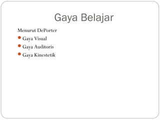 Gaya Belajar
Menurut DePorter
Gaya Visual
Gaya Auditoris
Gaya Kinestetik
 