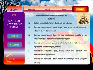 KELUAR KEDUAPERTAMA KETIGA KEEMPAT
15
KTD 1. MakanmakananyangBERVARIASIdengangizi yang
SEIMBANG
 Makan sesuai kebutuhan dan tidak berlebihan.
 Banyak mengonsumsi buah segar dan sayur untuk memenuhi
vitamin, serat dan mineral.
 Banyak mengonsumsi ikan, karena kandungan kolesterol dan
lemakikan lebih rendah daripada daging sapi.
 Membatasi konsumsi garam untuk menghindari risiko menderita
hipertensi dan serangan jantung.
 Membatasi konsumsi gula, madu, sirup dan cokelat yang
menyebabkan kegemukan.
 Membatasi konsumsi lemak untuk mengurangi risiko penyakit
jantung.
KIAT-KIAT
GAYA HIDUP
SEHAT
LANJUT
KEMBALI
 