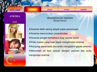 KELUAR KEDUA KEEMPATKETIGAPERTAMA
3
ANEMIA
PMS
Anemia lebih sering terjadi pada perempuan
Anemia menurunkan produktivitas
Anemia sangat berbahaya bagi wanita hamil
Pola makan yang baik dapat menghindari anemia
Kunjungi paramedis jika anda mengalami gejala anemia
Minumlah pil besi sesuai dengan anjuran jika anda
mengindap anemia
WASPADAILAH ANEMIA
Pesan Kunci
 