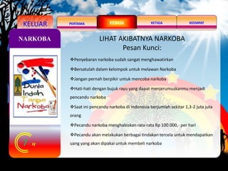 KELUAR PERTAMA KEEMPATKETIGAKEDUA
7
NARKOBA
CURHAT
LIHAT AKIBATNYA NARKOBA
Pesan Kunci:
Penyebaran narkoba sudah sangat menghawatirkan
Bersatulah dalam kelompok untuk melawan Narkoba
Jangan pernah berpikir untuk mencoba narkoba
Hati-hati dengan bujuk rayu yang dapat menjerumuskanmu menjadi
pencandu narkoba
Saat ini pencandu narkoba di indonesia berjumlah sekitar 1,3-2 juta juta
orang
Pecandu narkoba menghabiskan rata-rata Rp 100.000,- per hari
Pecandu akan melakukan berbagai tindakan tercela untuk mendapatkan
uang yang akan dipakai untuk membeli narkoba
 