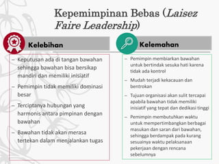 Kelemahan
Kepemimpinan Bebas (Laisez
Faire Leadership)
Kelebihan
– Keputusan ada di tangan bawahan
sehingga bawahan bisa bersikap
mandiri dan memiliki inisiatif
– Pemimpin tidak memiliki dominasi
besar
– Terciptanya hubungan yang
harmonis antara pimpinan dengan
bawahan
– Bawahan tidak akan merasa
tertekan dalam menjalankan tugas
– Pemimpin membiarkan bawahan
untuk bertindak sesuka hati karena
tidak ada kontrol
– Mudah terjadi kekacauan dan
bentrokan
– Tujuan organisasi akan sulit tercapai
apabila bawahan tidak memiliki
inisiatif yang tepat dan dedikasi tinggi
– Pemimpin membutuhkan waktu
untuk mempertimbangkan berbagai
masukan dan saran dari bawahan,
sehingga berdampak pada kurang
sesuainya waktu pelaksanaan
pekerjaan dengan rencana
sebelumnya
 